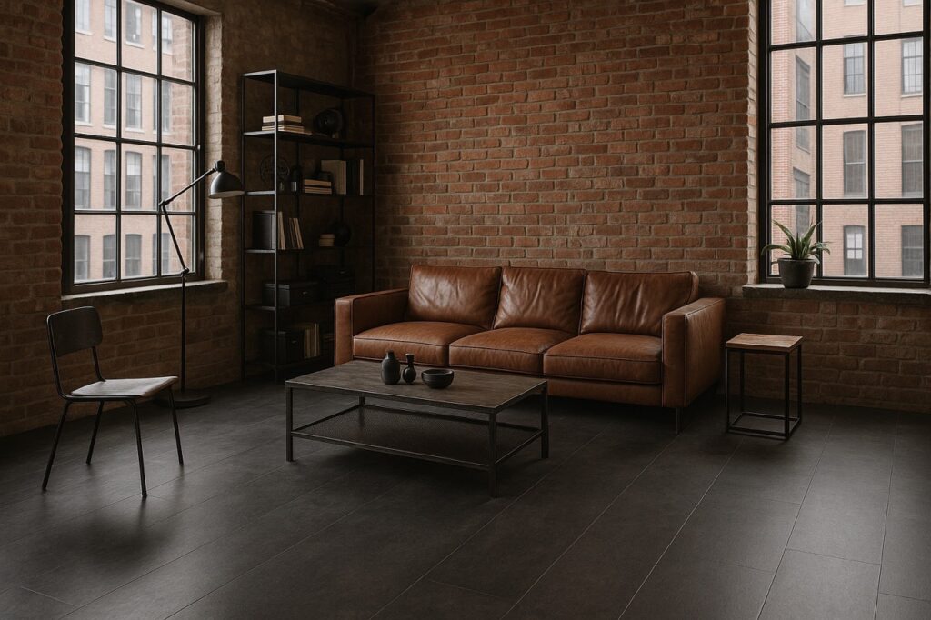 Industriële woonruimte met donkere betonlook PVC vloer en robuuste elementen