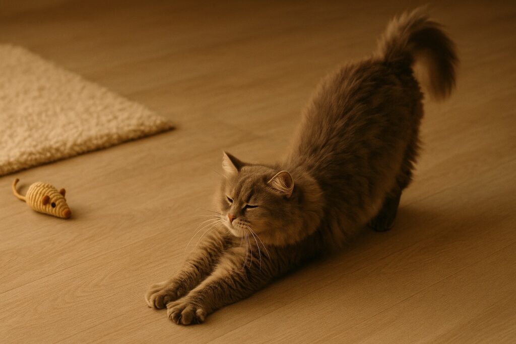 Kat op antislip PVC vloer met kleedje en speeltje groot