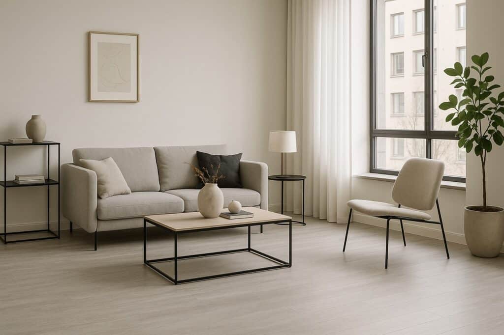 Moderne woonkamer met lichte PVC vloer en minimalistisch interieur