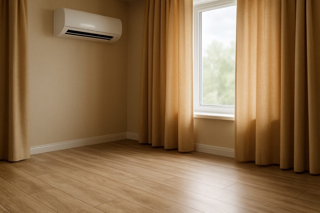 PVC vloer in koele ruimte met gesloten gordijnen en airco groot