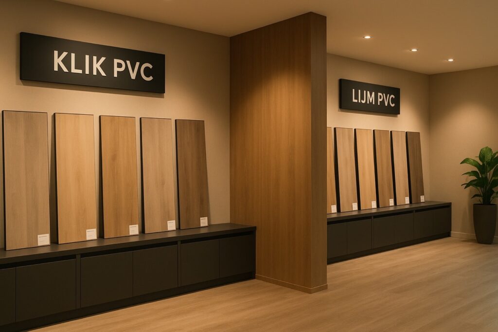 Showroom met klik PVC en verlijmd PVC vloeren naast elkaar gepresenteerd