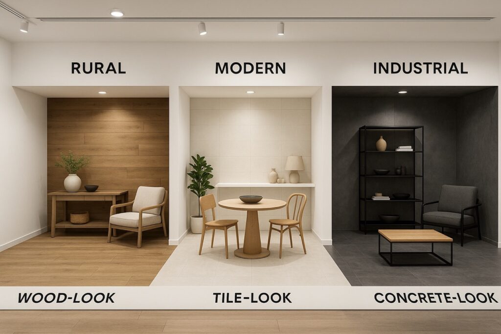 Showroom met verschillende PVC vloeren per woonstijl- landelijk, modern en industrieel