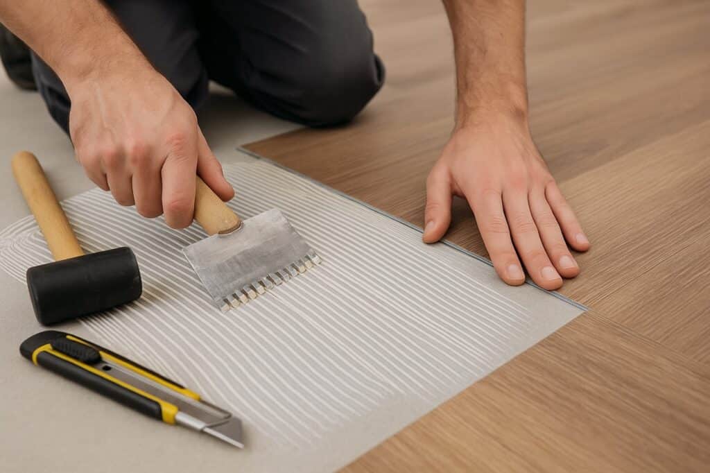 Vakman lijmt PVC vloer nauwkeurig op geëgaliseerde ondervloer