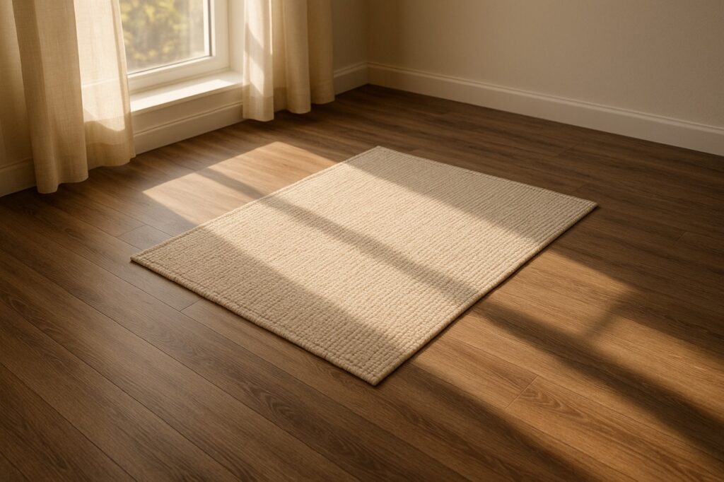 Vloerkleed op PVC vloer met zichtbaar kleurverschil door zonlicht groot