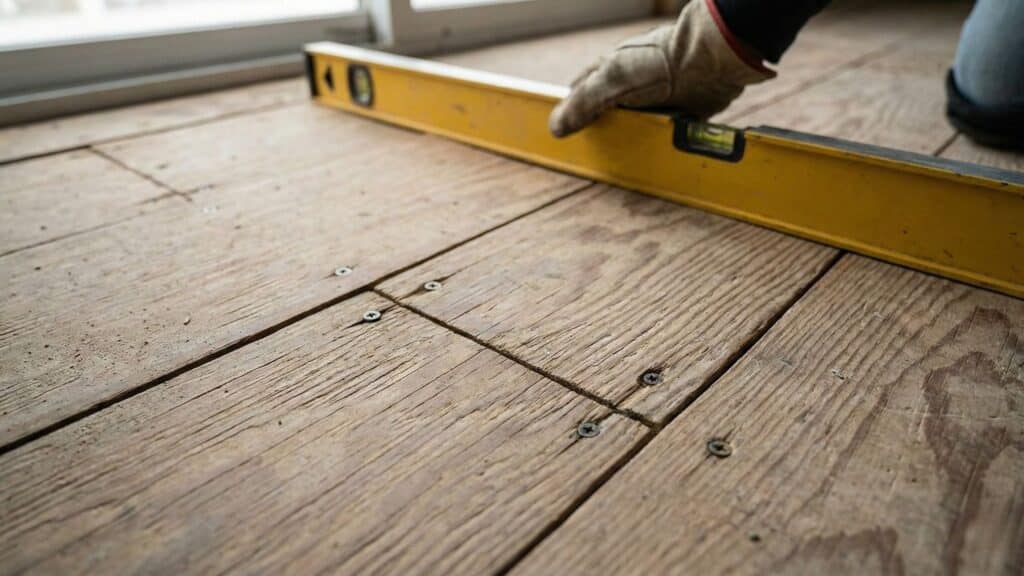 Controleren van een houten ondervloer voordat een pvc vloer wordt gelegd