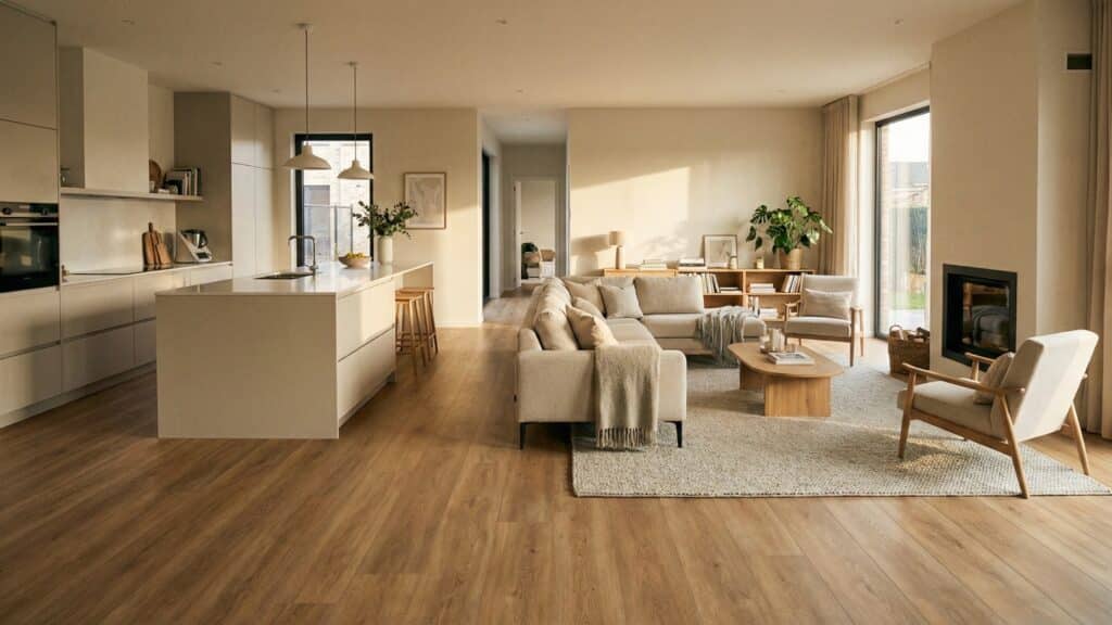 PVC vloer in moderne woning met keuken en woonkamer