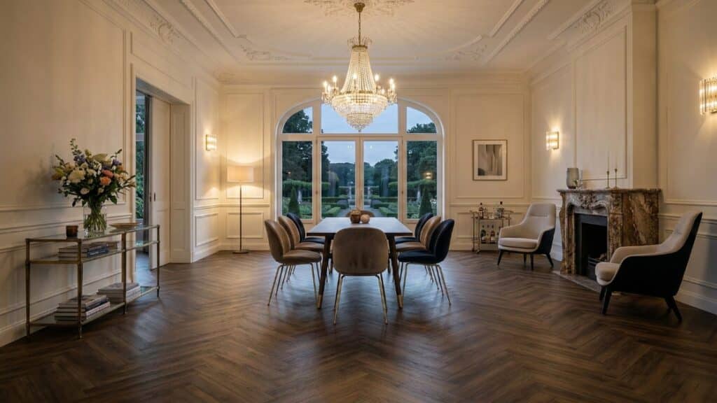 Donkere Hongaarse punt PVC vloer in luxe interieur