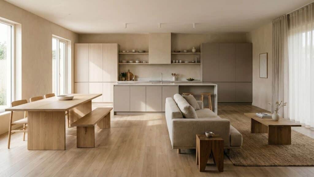 Doorlopende lichte PVC vloer in Japandi open keuken en woonkamer