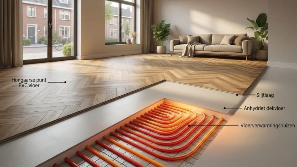 Hongaarse punt PVC vloer boven vloerverwarming systeem