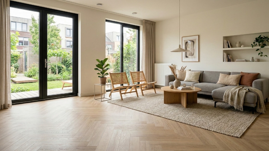 Hongaarse punt PVC vloer in licht eiken in moderne woonkamer