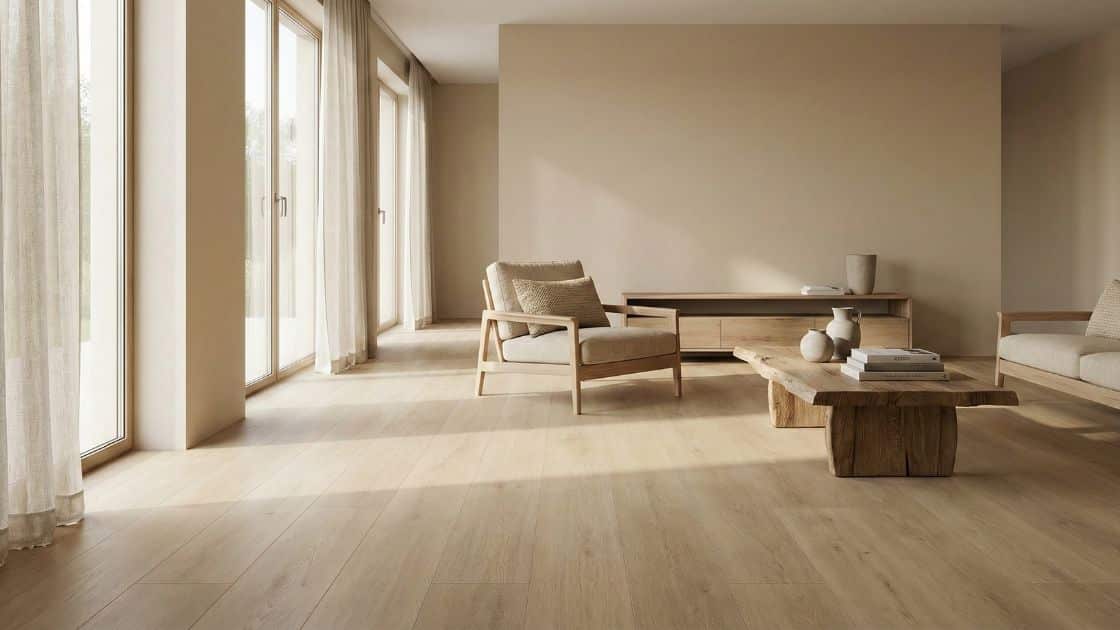 Japandi woonkamer met lichte houtlook PVC vloer en warme beige tinten