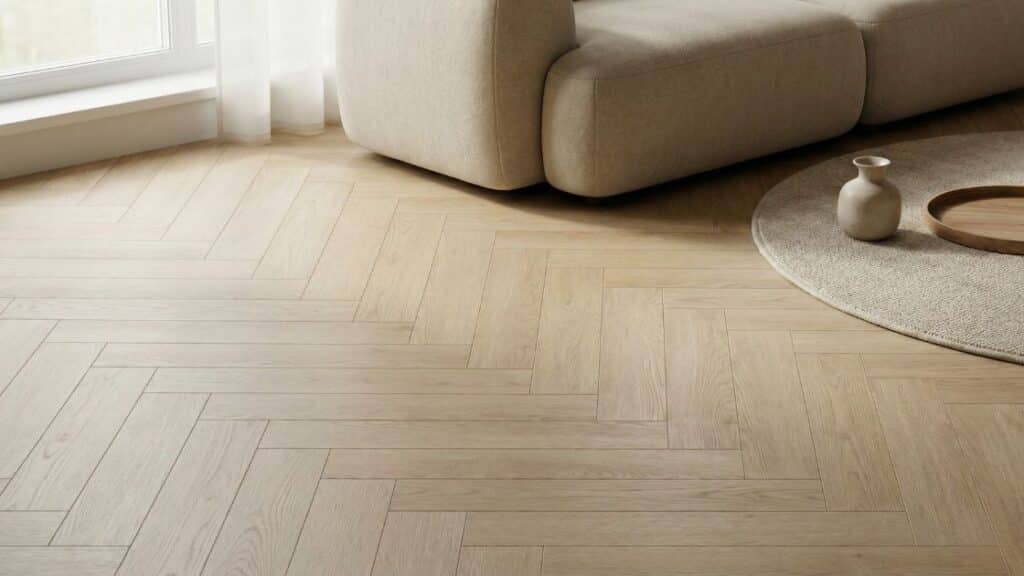 Lichte visgraat PVC vloer in Japandi woonkamer met matte afwerking