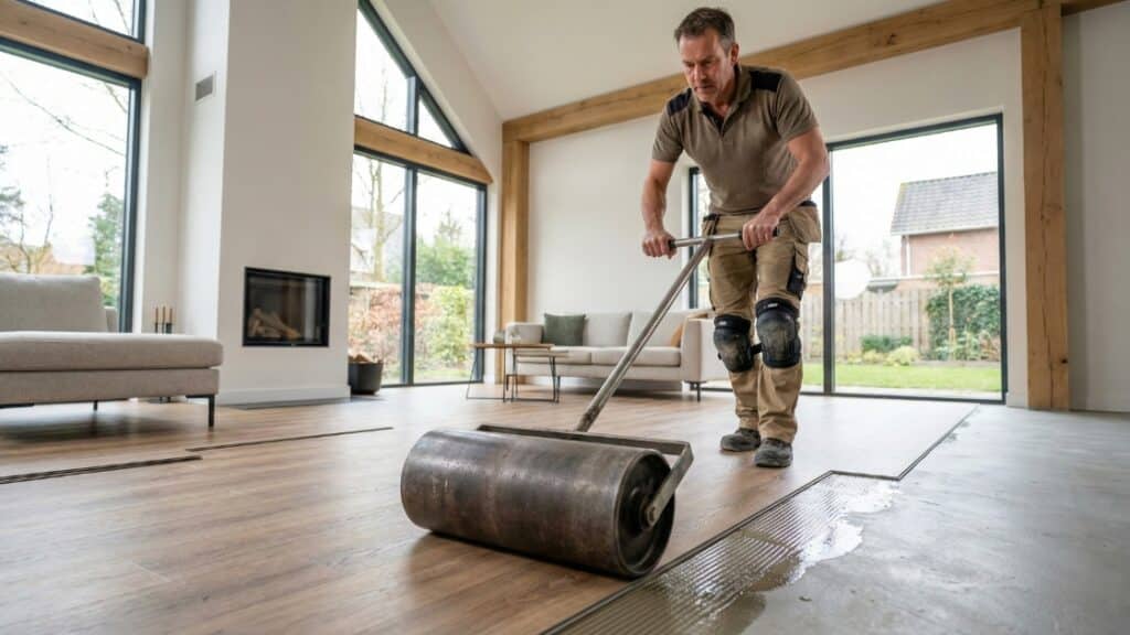 PVC vloer aandrukken met wals na verlijmen