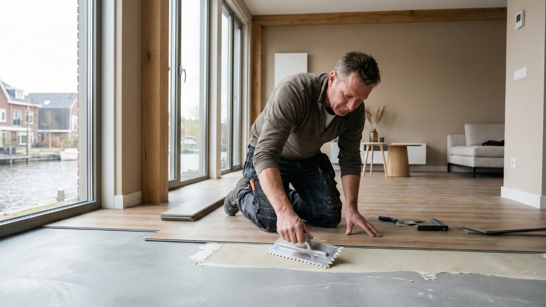 PVC vloer plakken door vakman op geëgaliseerde ondervloer