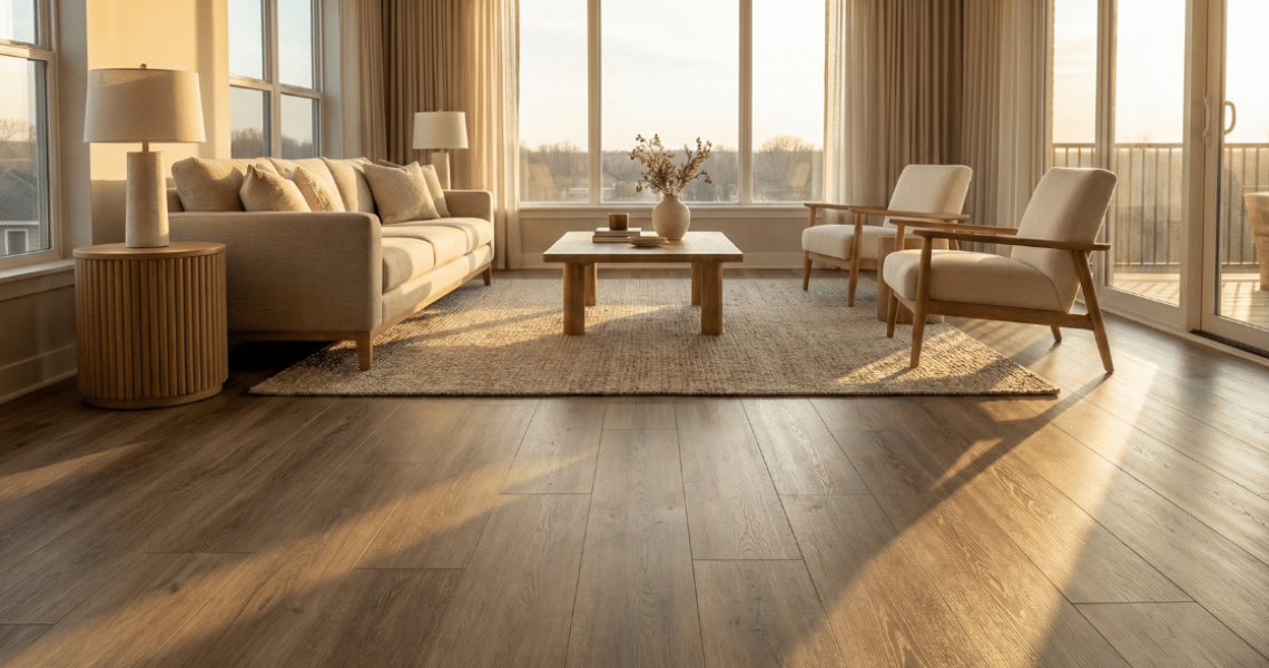 Moderne woonkamer met betaalbare PVC vloer in houtlook