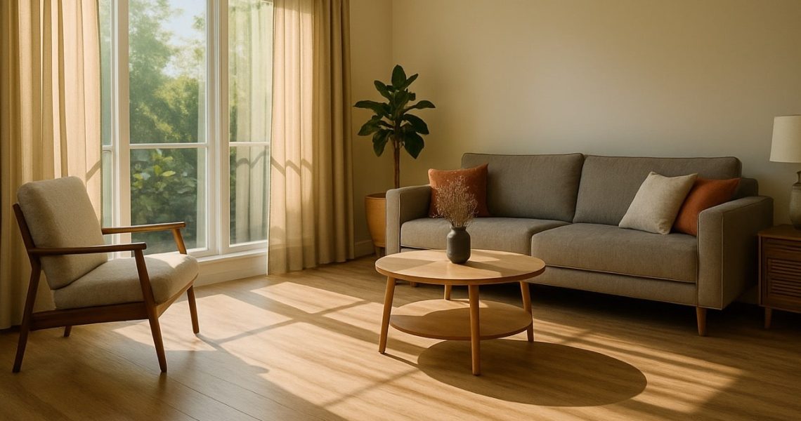 PVC vloer zomerklaar maken: zo voorkom je uitzetten en verkleuren - Moderne woonkamer met PVC vloer en zomerse lichtinval groot