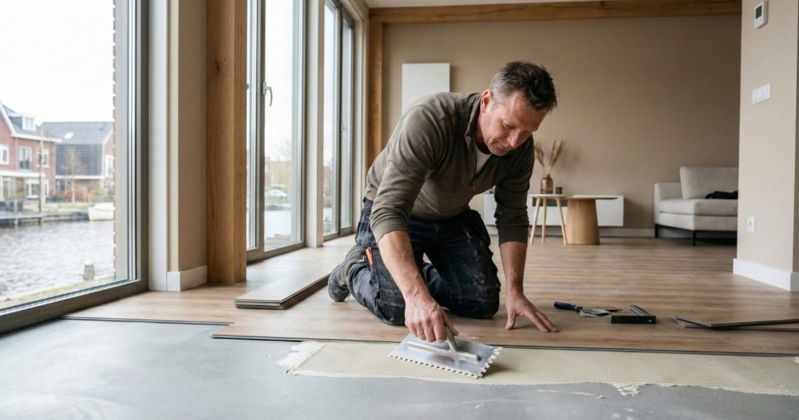 PVC vloer plakken door vakman op geëgaliseerde ondervloer